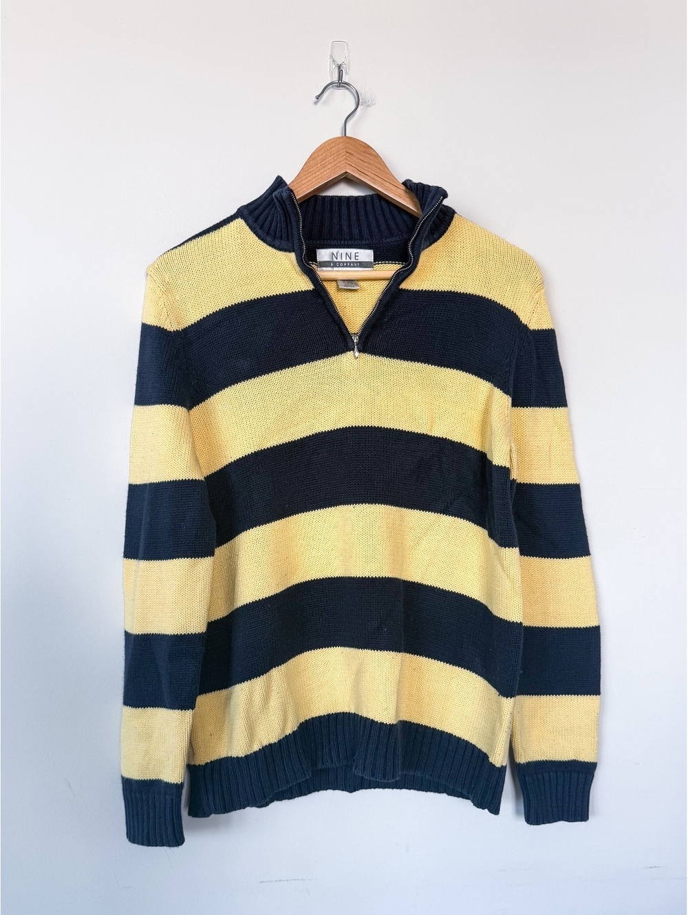 Navy Yellow Y2K Quarter Zip Knit 100% Cotton Pullover Sweatshirt Nine & Company